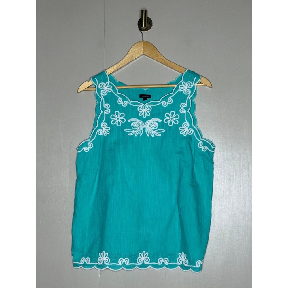 Talbots Turquoise Linen Blend Embroidered Scallop Shell Top Teal Womens Small - Picture 2 of 7
